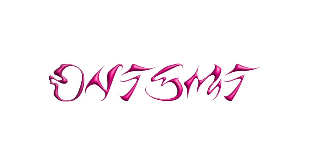 Pinkki futuristinen logo, jossa lukee "Onismi"